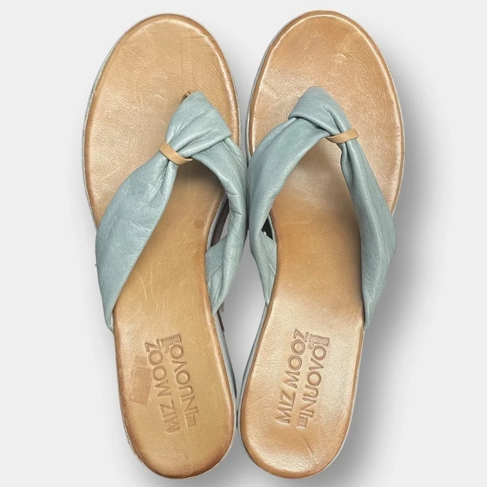 NEW Miz Mooz Inuovo Leather Wedge Blue Grey Brown Flip Flop Sandal Size 41